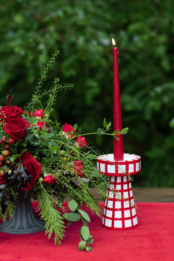 Hand Painted Candle Holder - Red Check