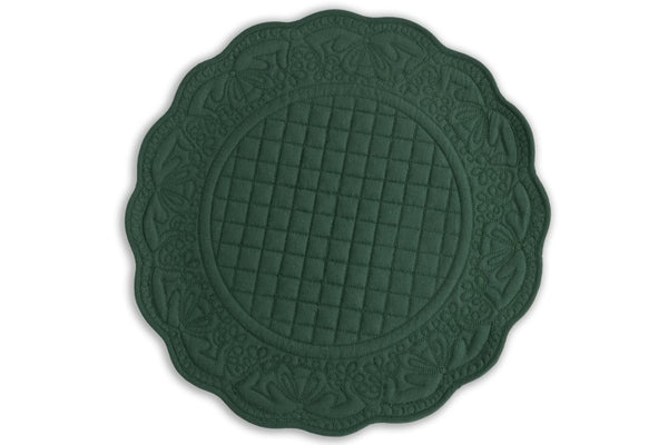 Embroidered Quilted Cotton Round Placemat (Forest Green)