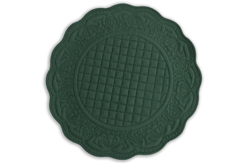 Embroidered Quilted Cotton Round Placemat (Forest Green)
