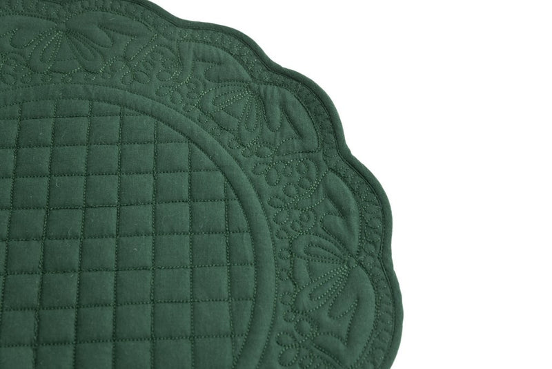 Embroidered Quilted Cotton Round Placemat (Forest Green)