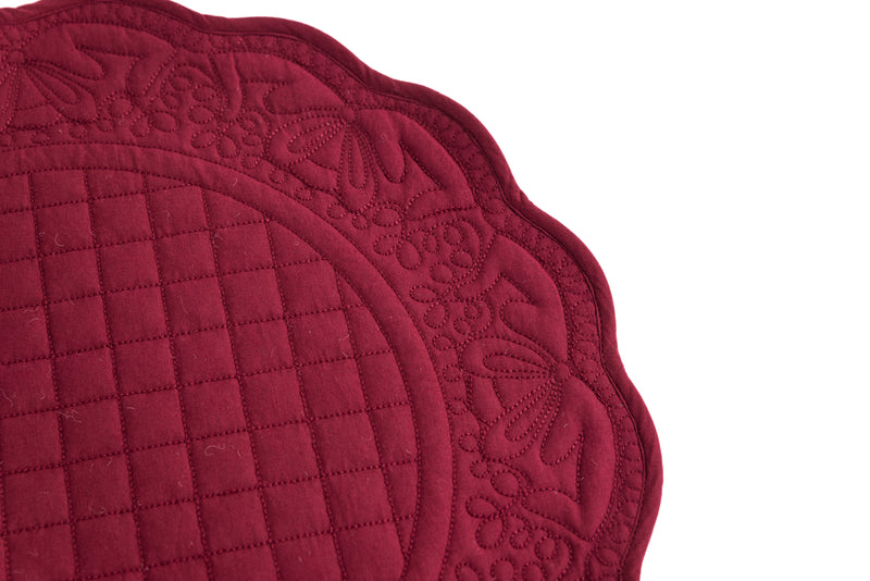 Embroidered Quilted Cotton Round Placemat (Burgundy)
