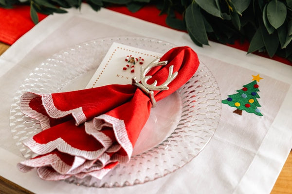 Festive White Linen Placemat with embroidered Christmas Tree