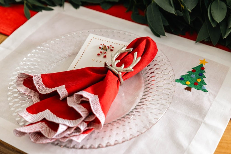 Festive White Linen Placemat with embroidered Christmas Tree