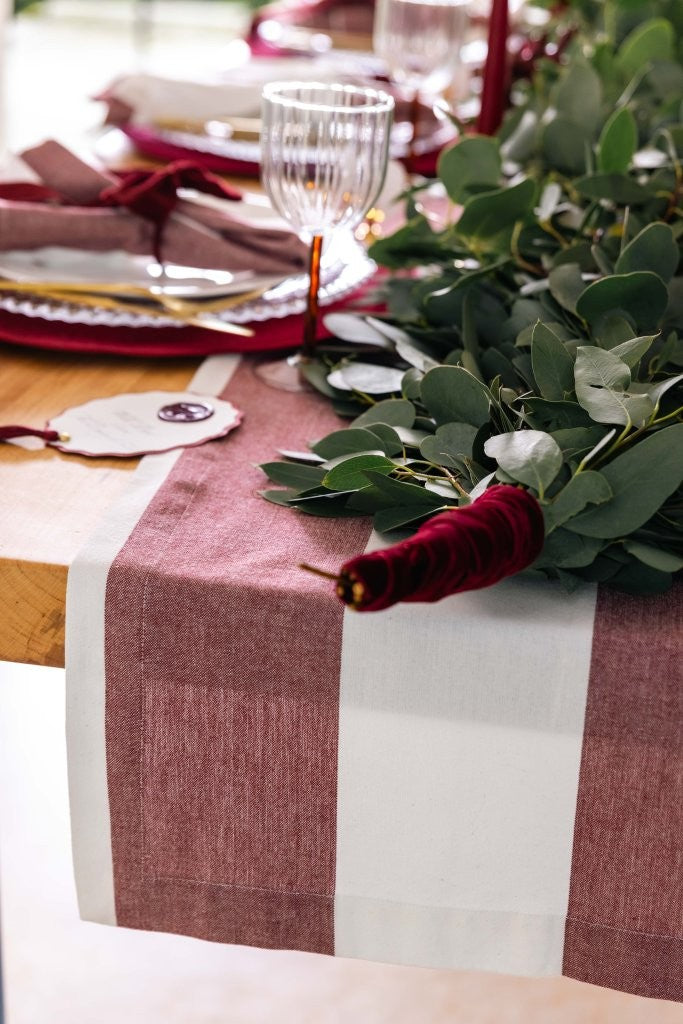 Burgundy Stripe Cotton Table Runner