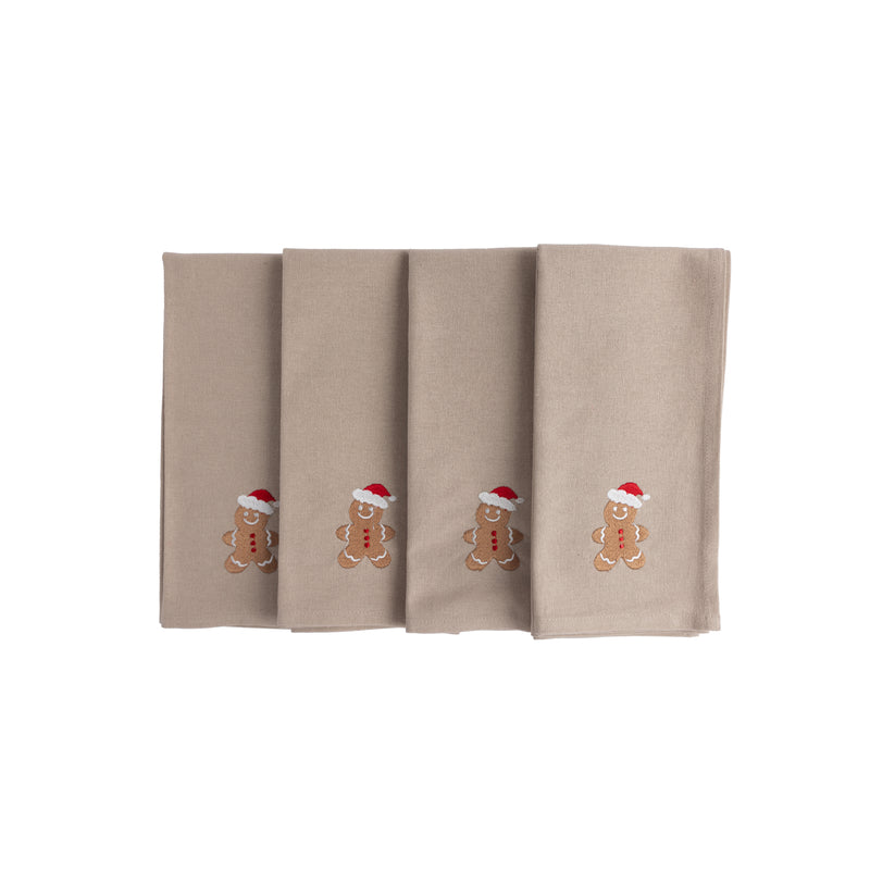 Embroidered Gingerbread Man Cotton Napkins - Set of Four