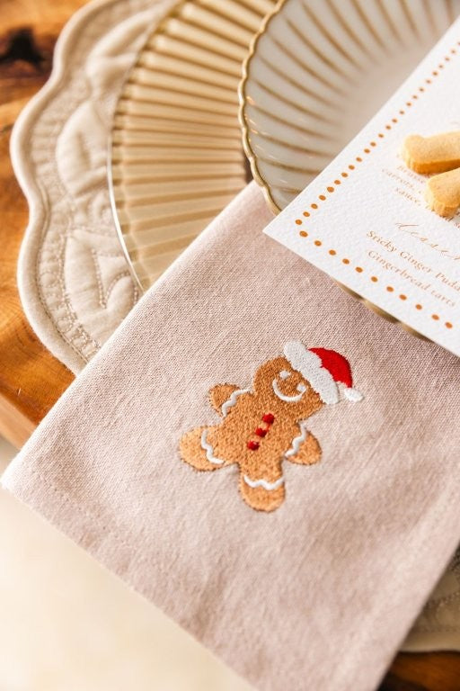 Embroidered Gingerbread Man Cotton Napkins - Set of Four
