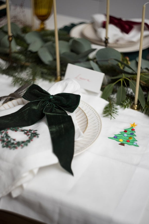 Festive White Linen Placemat with embroidered Christmas Tree