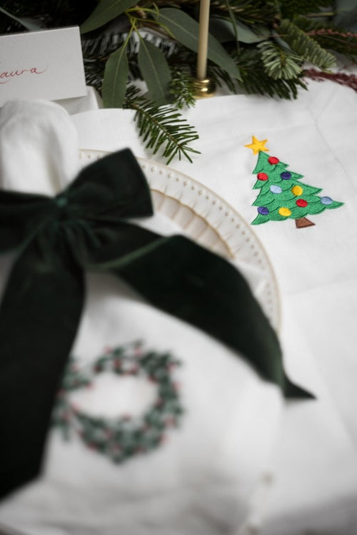 Festive White Linen Placemat with embroidered Christmas Tree