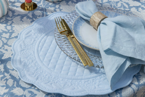 Embroidered Quilted Cotton Round Placemat (Blue)