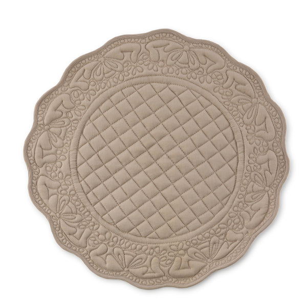 Embroidered Quilted Cotton Round Placemat (Taupe)