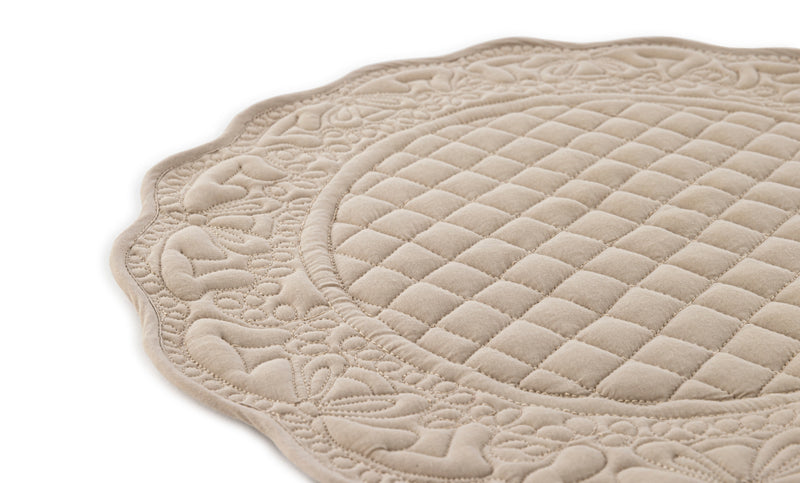 Embroidered Quilted Cotton Round Placemat (Taupe)