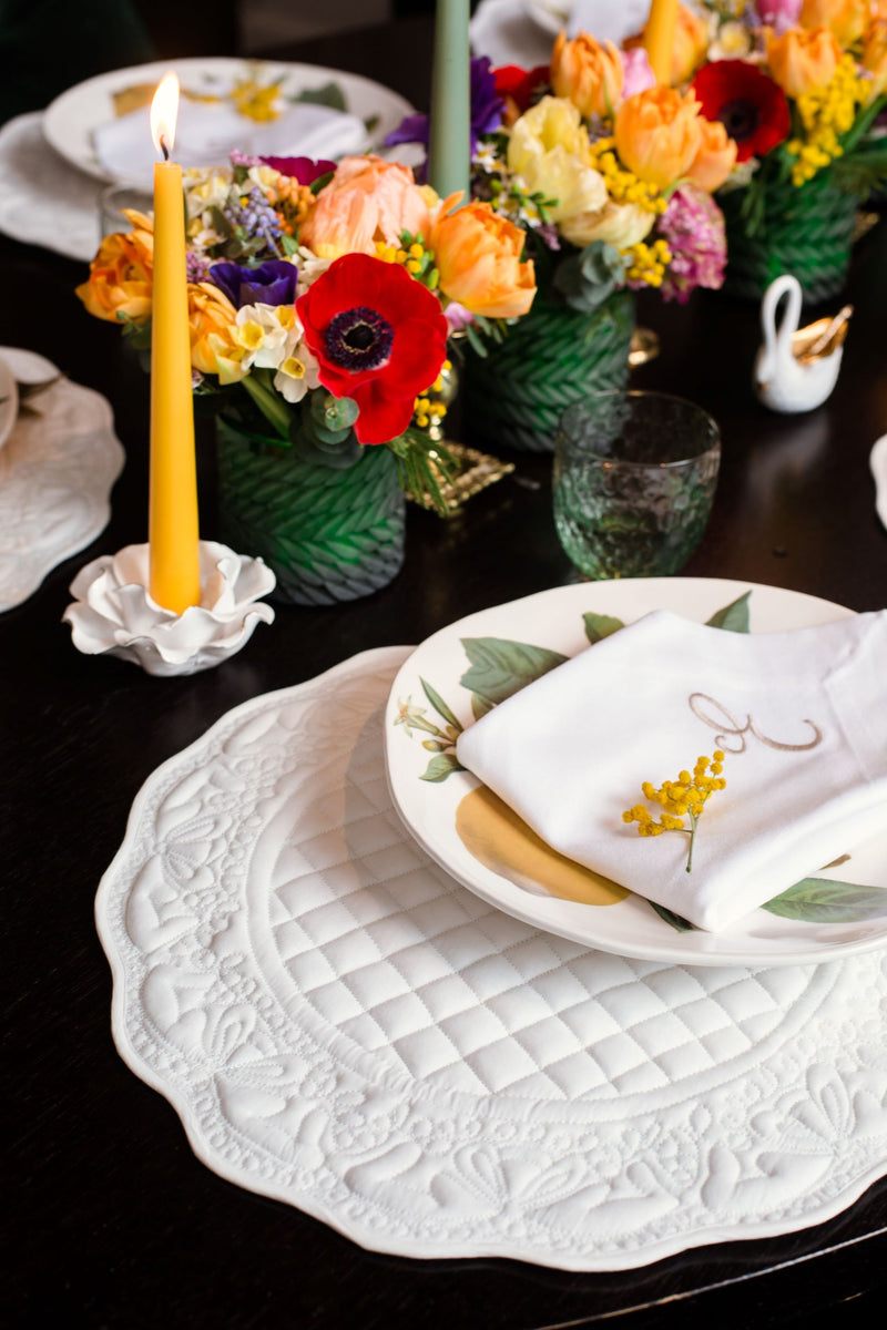 Embroidered Quilted Cotton Round Placemat (White)